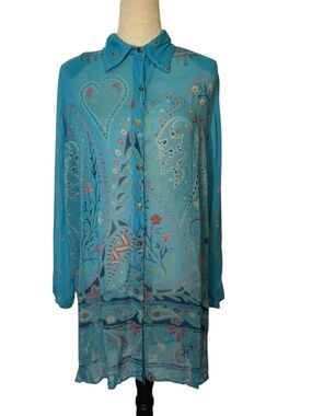 LOLA P Vintage 90s Y2K Deadstock Boho Sheer Turquoise Tunic Top M NWT